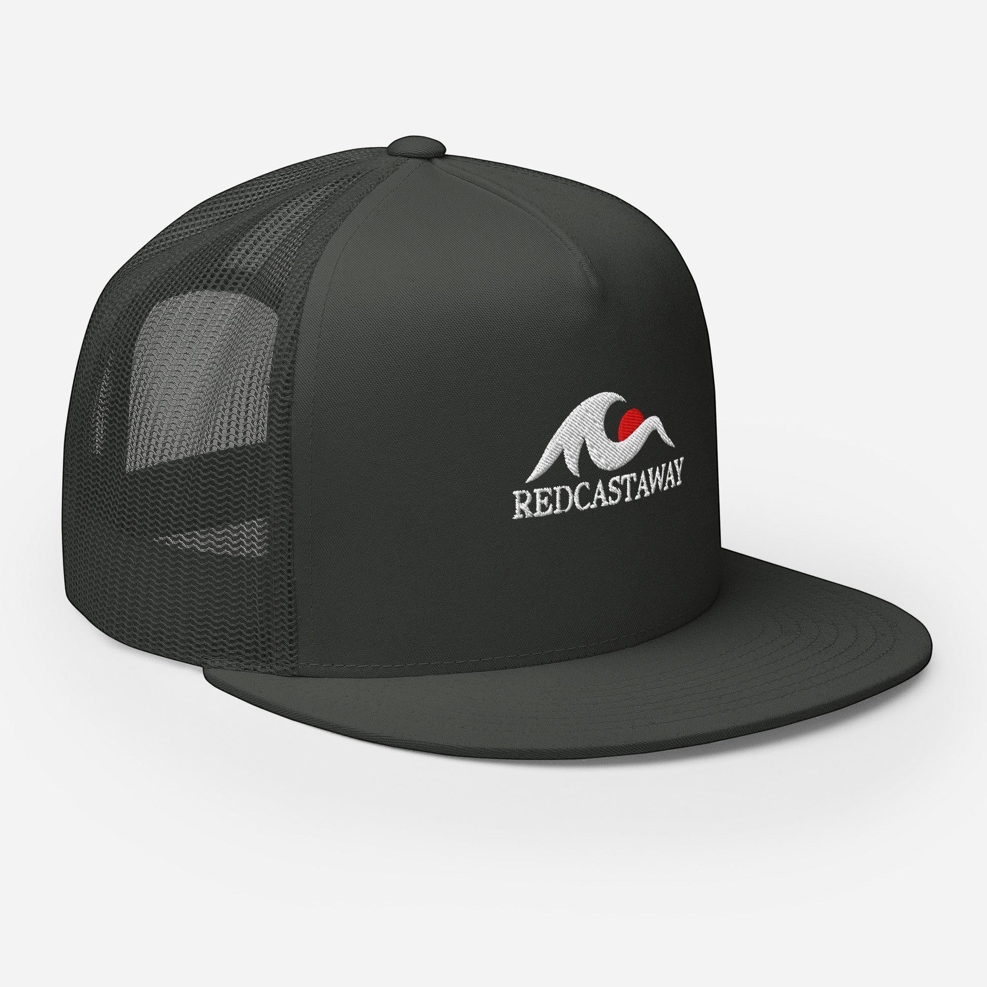 Redcastaway dark grey trucker cap with flat bill and mesh back. Features embroidered logo with red sun.