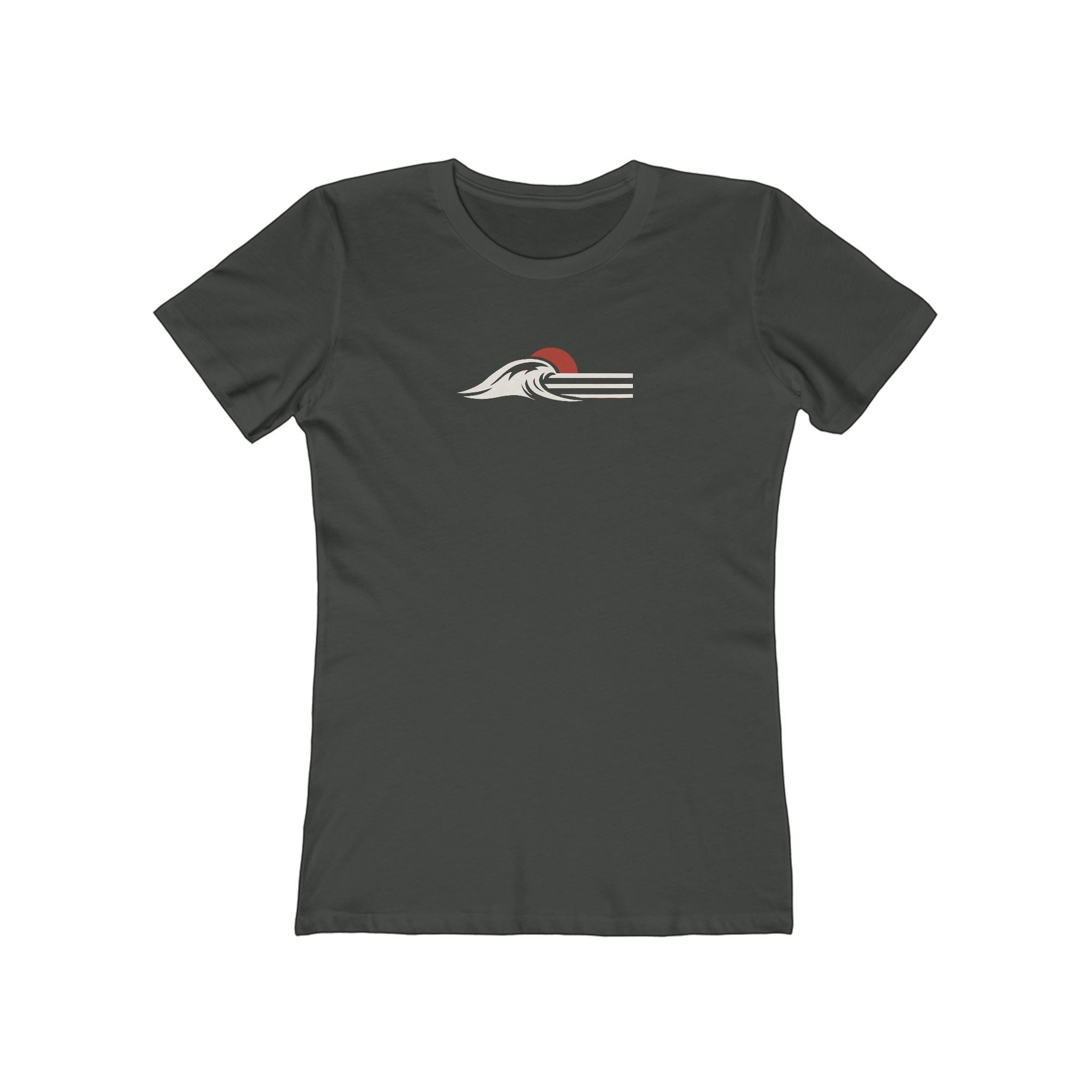 Redcastaway women's dark grey cotton tee with a minimalist wave and sun graphic in rust and white. Boyfriend fit.