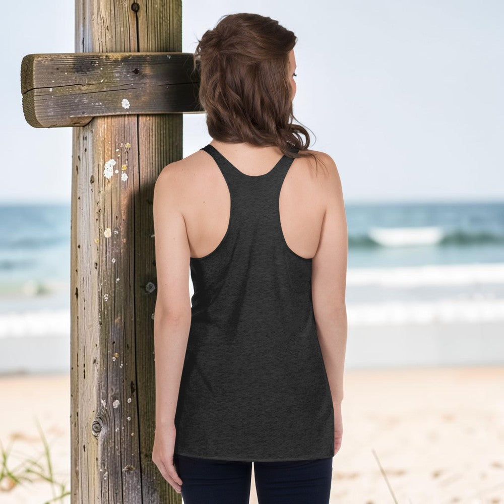 Redcastaway women's dark heather grey racerback tank top made from a polyester, cotton, and rayon blend. Features raw edge seams and a flattering fit.