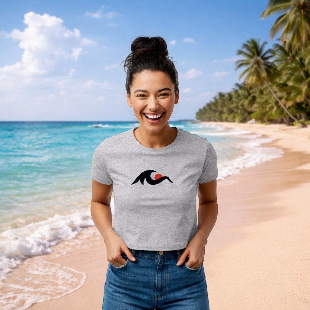 Redcastaway women's light grey cropped baby tee with a black wave and red sun graphic. Made of 60% cotton, 40% polyester.