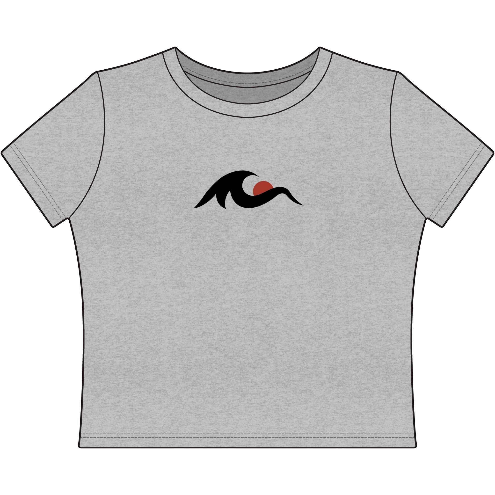Redcastaway Women's light grey cropped baby tee with a black wave and red sun graphic. Made from 60% cotton, 40% polyester.