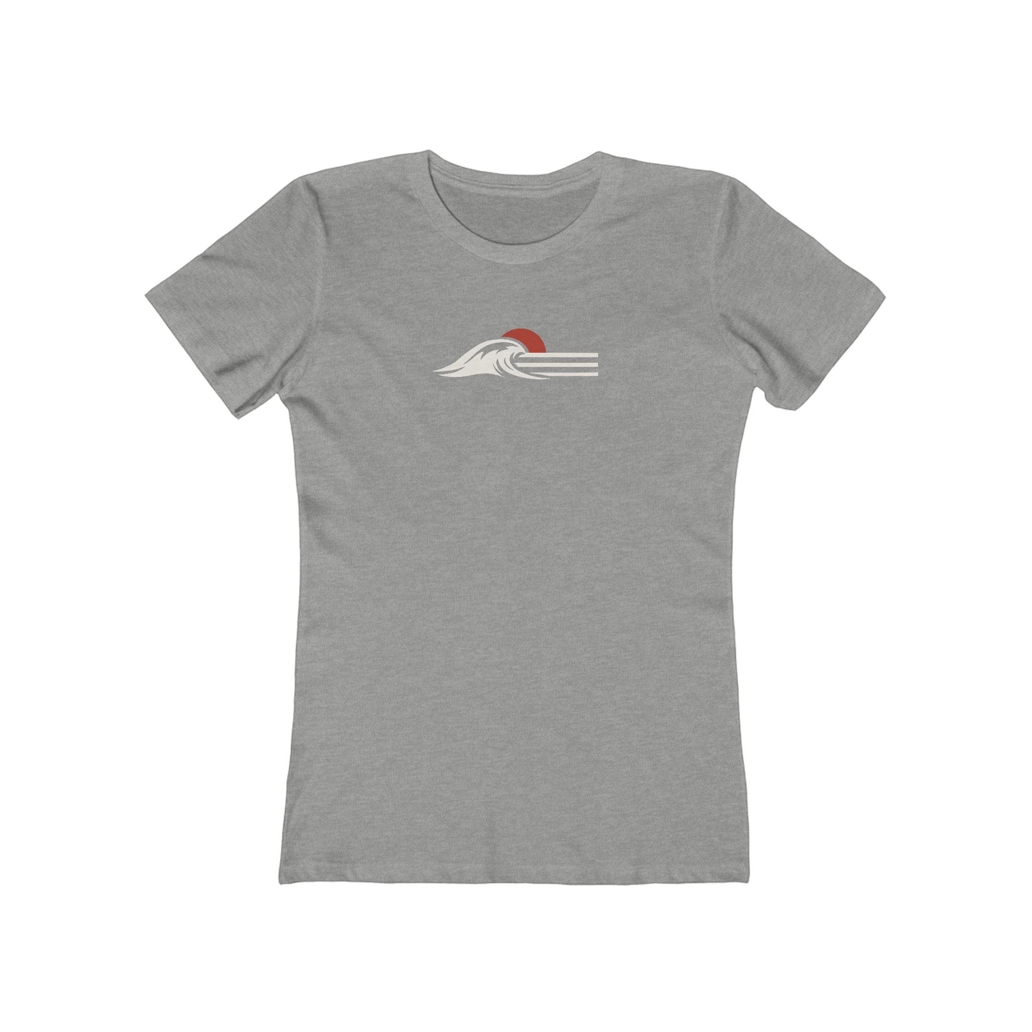 Redcastaway Women's grey cotton tee with minimalist wave and sun print, crew neck, short sleeves, slim fit.