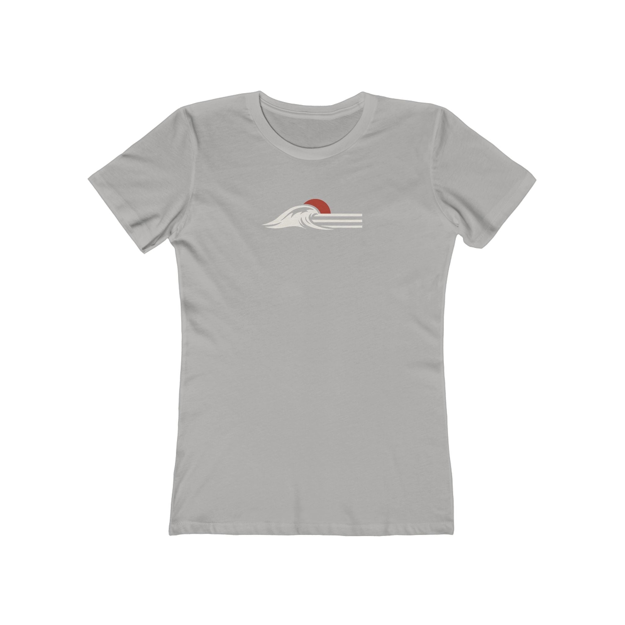 Redcastaway™ women's light grey 100% cotton tee with a minimalist wave and sun graphic in rust tones. Slim fit, crew neck.