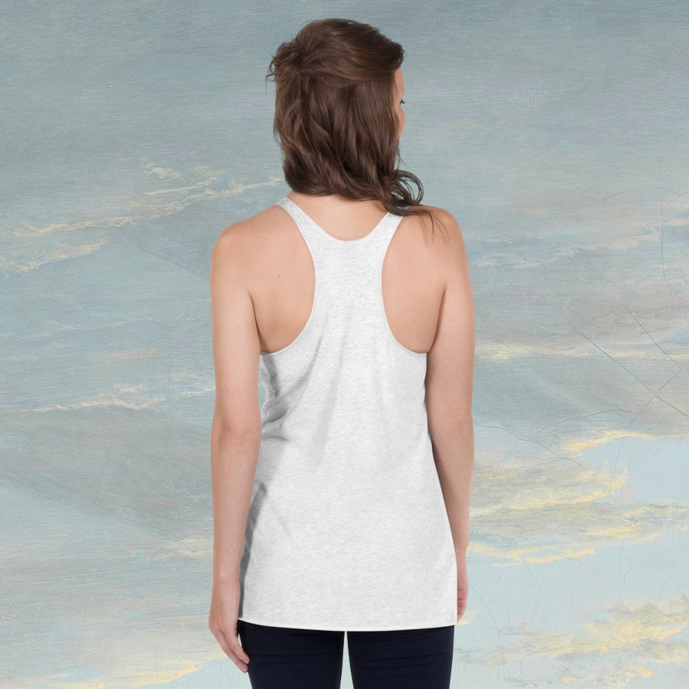 Redcastaway women's light heather grey racerback tank top made from a polyester, cotton, and rayon blend with raw edge seams.
