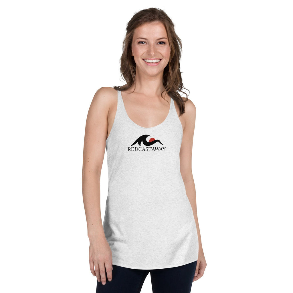 Redcastaway women's light heather grey racerback tank top with raw edge seams and a black wave logo with a red sun.