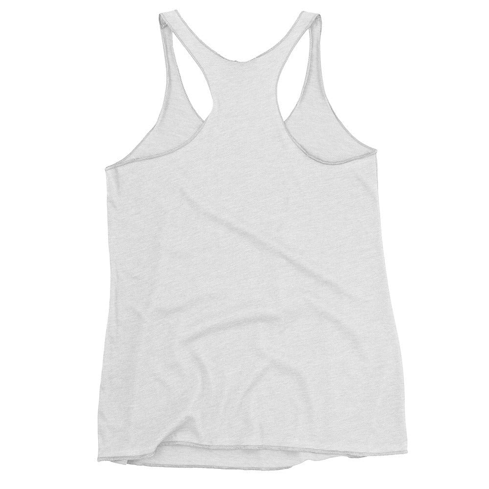 Redcastaway Women's light grey heather racerback tank top with raw edge seams, made from a polyester, cotton, and rayon blend.