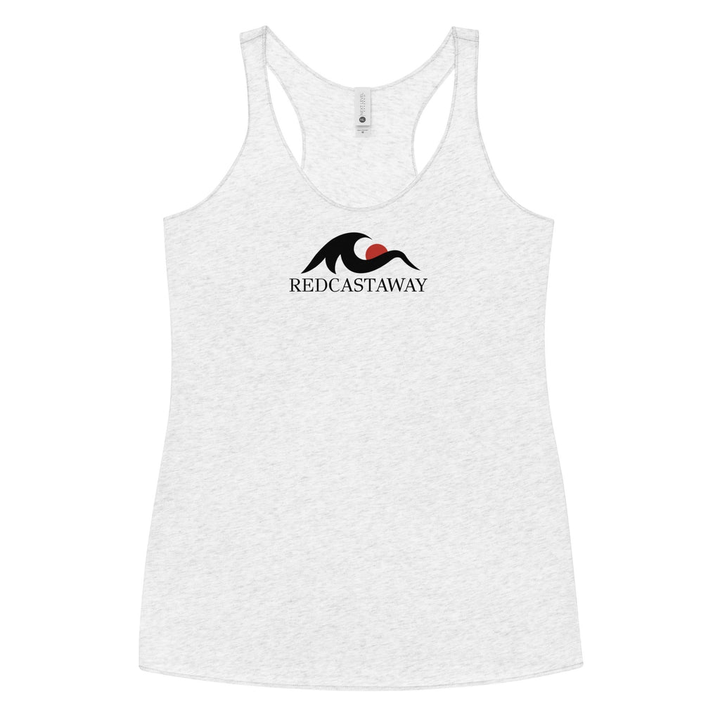 Redcastaway women's heather grey racerback tank top with raw edge seams and the Redcastaway logo.