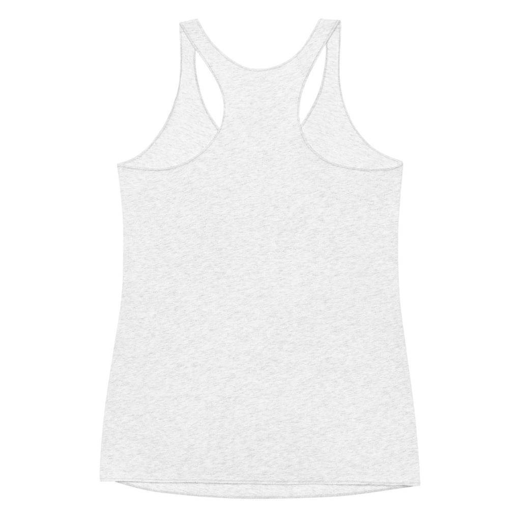 Redcastaway Women's light grey heather racerback tank top with raw edge seams, made from a polyester, cotton, and rayon blend.