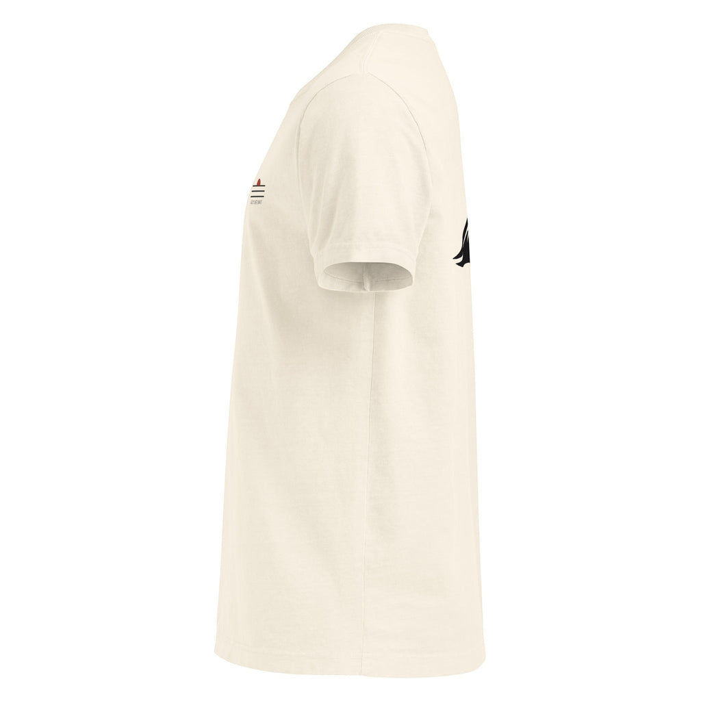 Redcastaway™ Horizon Wave Tee, an oversized, cream-colored 100% cotton t-shirt with a subtle front logo and a large wave and sun graphic on the back.
