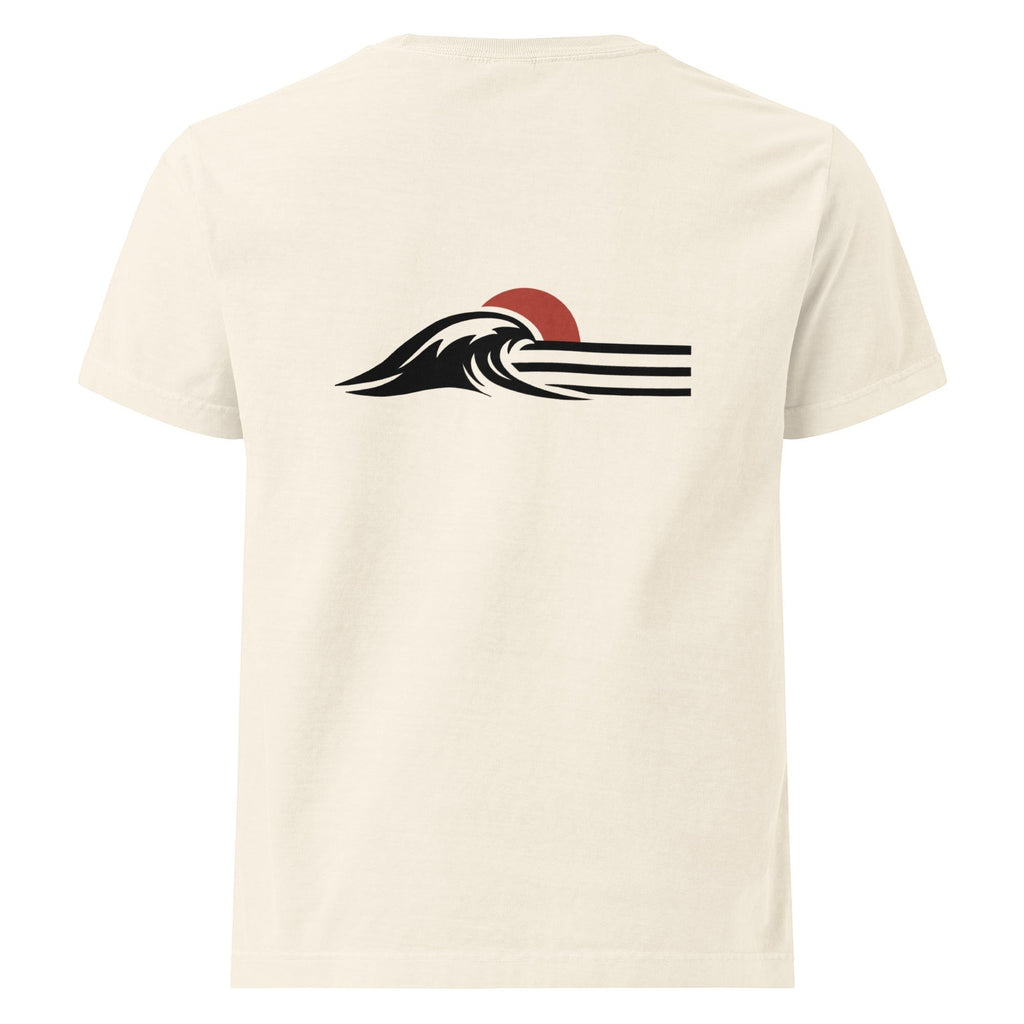 Redcastaway™ cream 100% cotton oversized t-shirt with a black wave and red sun graphic on the back.