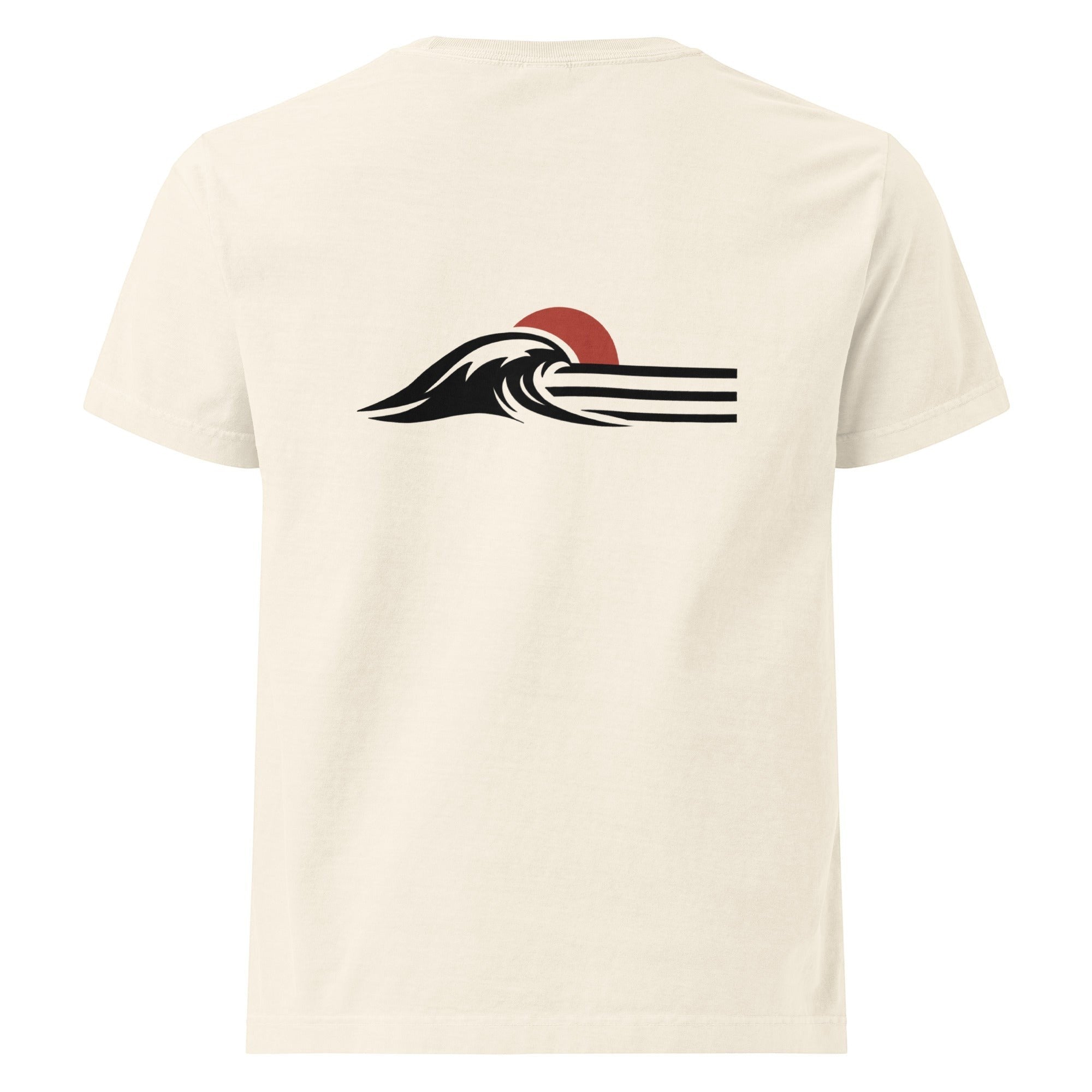 Redcastaway™ cream 100% cotton oversized t-shirt with a black wave and red sun graphic on the back.