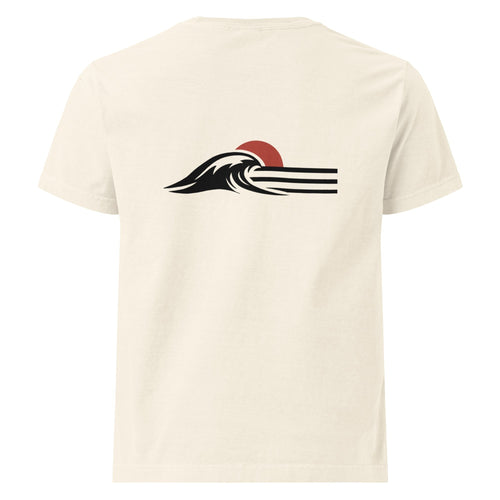 Redcastaway™ cream 100% cotton oversized t-shirt with a black wave and red sun graphic on the back.