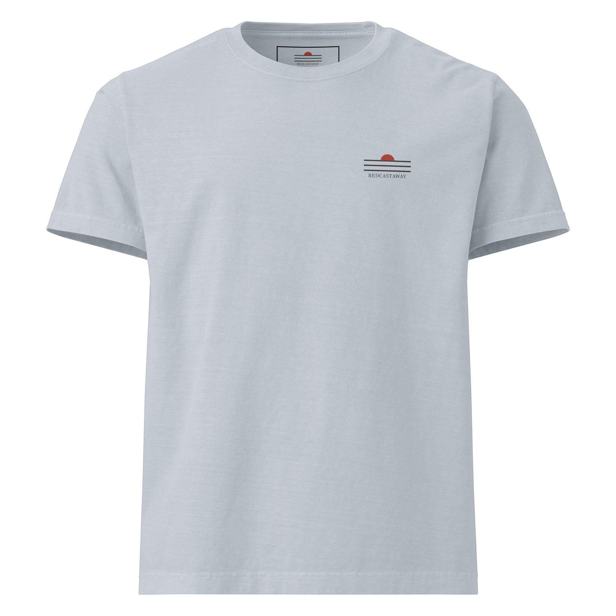 Redcastaway™ light blue 100% cotton oversized t-shirt with subtle chest logo and vintage look.
