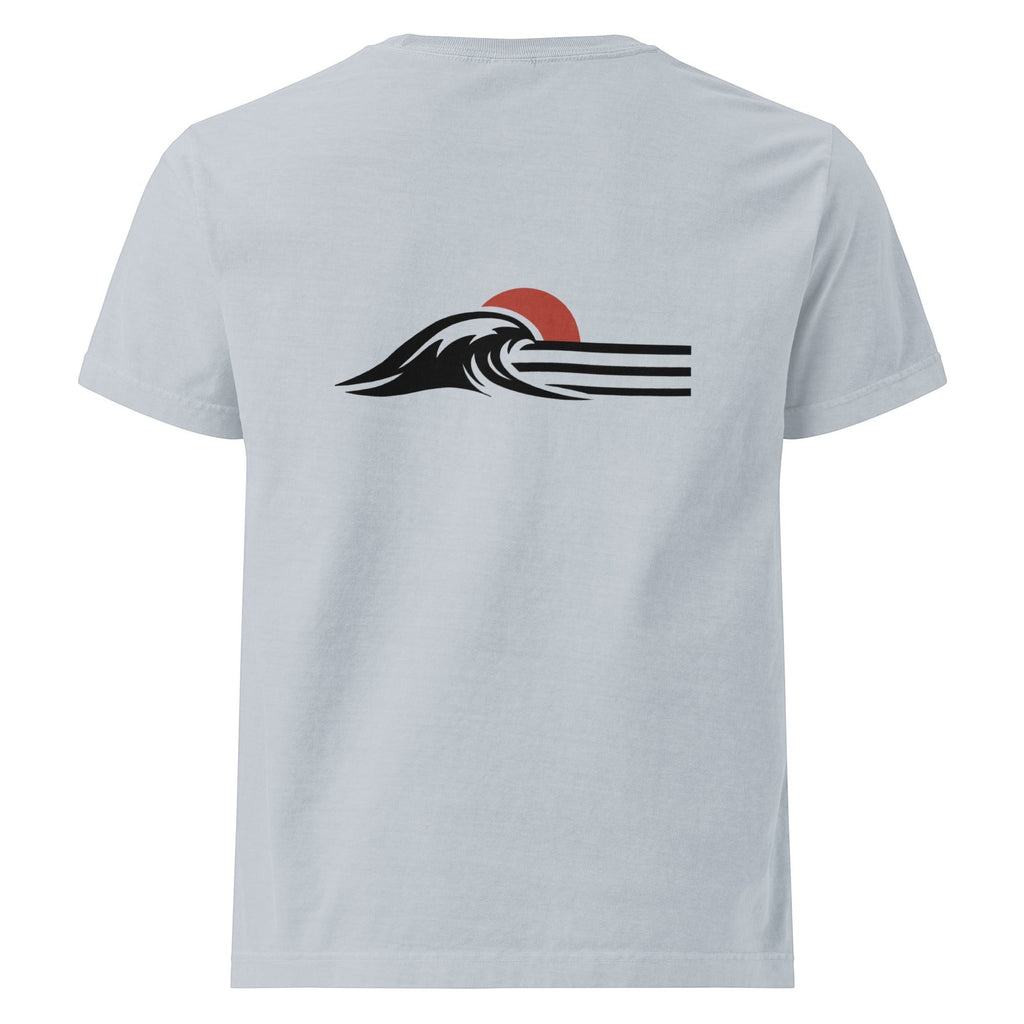Redcastaway Horizon Wave Tee, unisex oversized t-shirt in light blue with a black and red wave and sun graphic on the back.