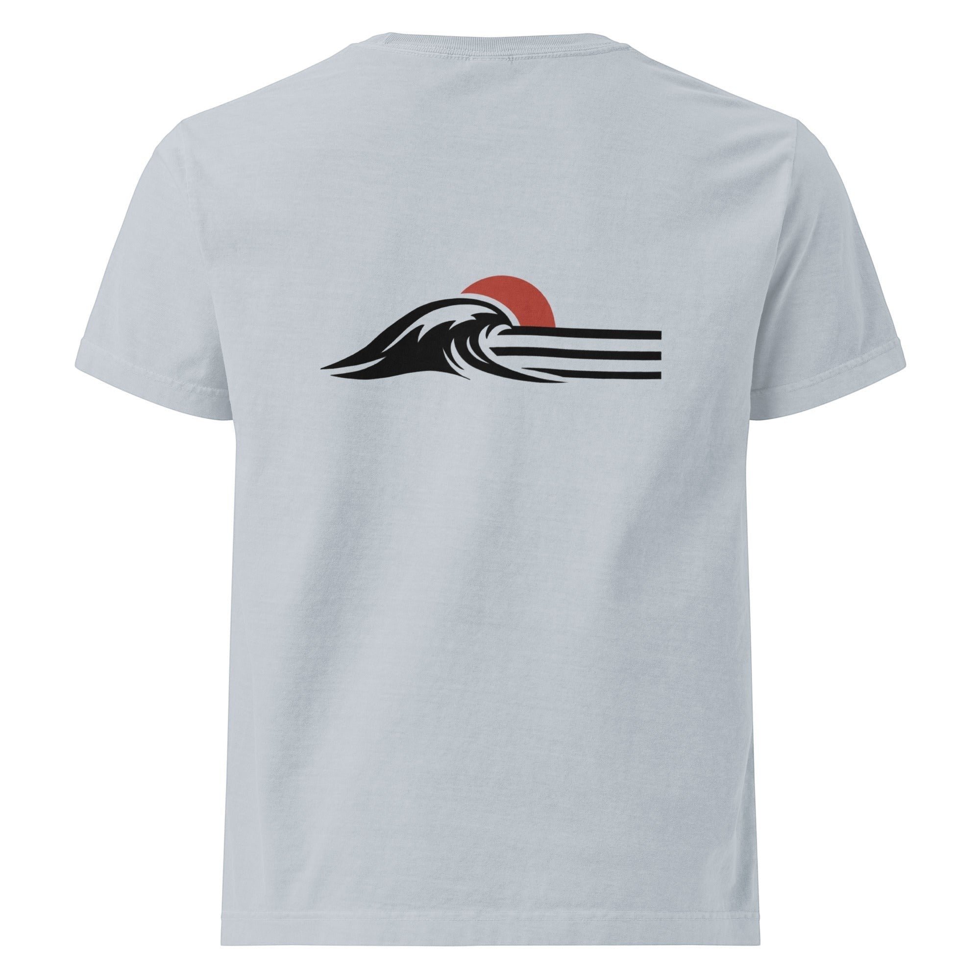 Redcastaway Horizon Wave Tee, unisex oversized t-shirt in light blue with a black and red wave and sun graphic on the back.