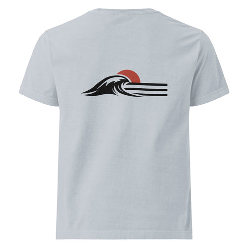 Redcastaway Horizon Wave Tee, unisex oversized t-shirt in light blue with a black and red wave and sun graphic on the back.