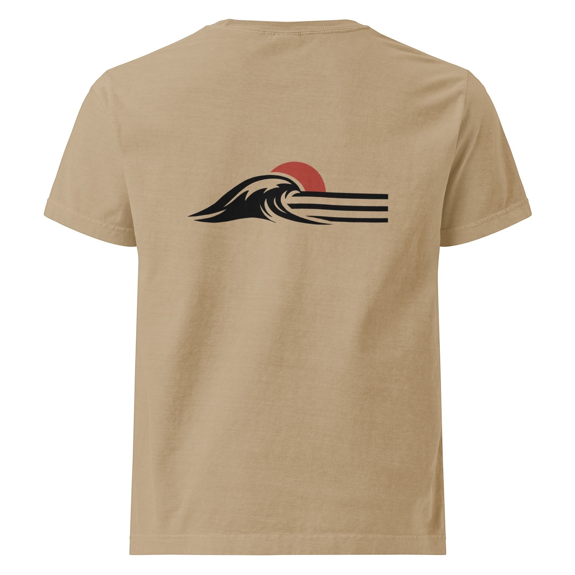 Redcastaway™ Horizon Wave Tee, oversized unisex t-shirt in tan cotton with a black wave and red sun graphic on the back.