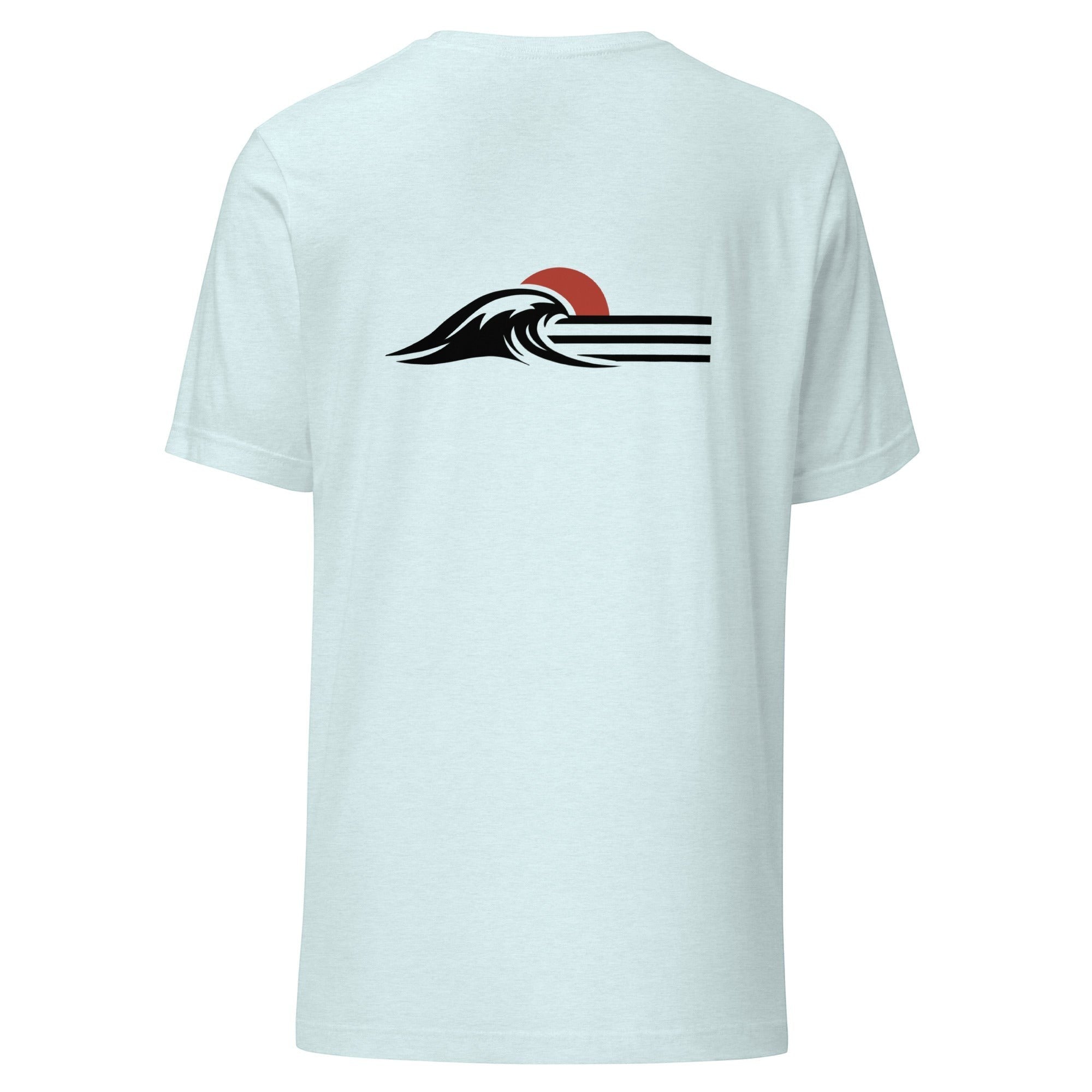 Redcastaway Horizon Wave unisex t-shirt in light blue, made from 100% combed and ring-spun cotton with a wave and sun graphic.