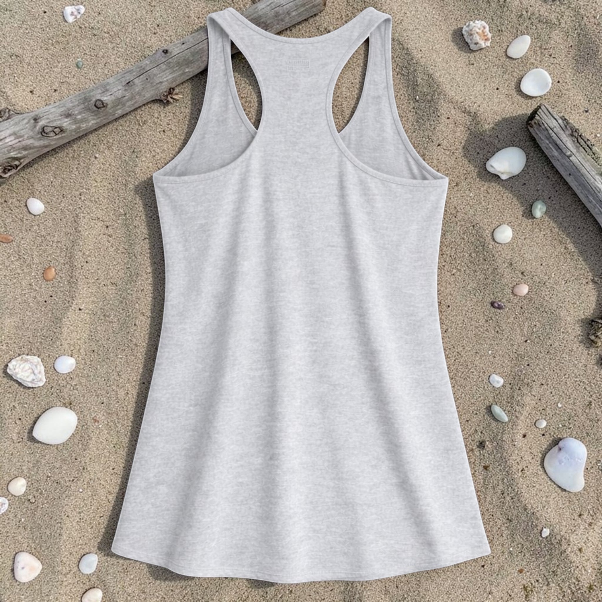 Redcastaway™ women's light grey racerback tank top made from a polyester, cotton, and rayon blend. Features raw edge seams and a flattering fit.