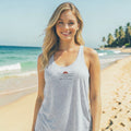 Redcastaway™ light grey racerback tank top with a minimalist sunset logo. Made from a polyester, cotton, and rayon blend.