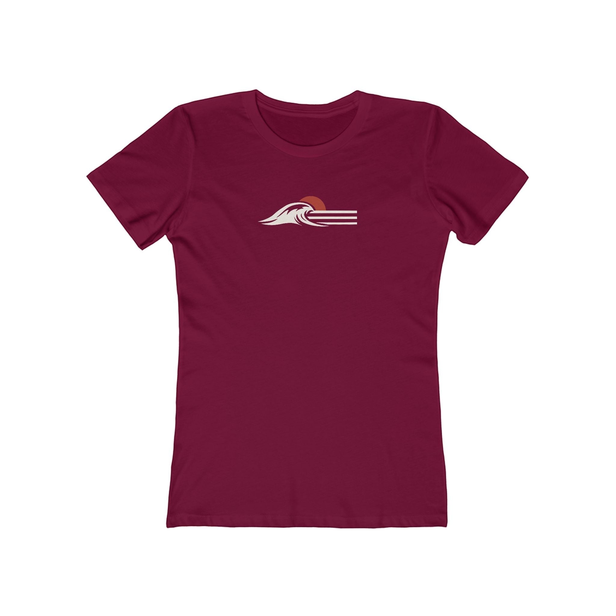 Redcastaway™ women's slim-fit maroon cotton tee with a minimalist wave and sun graphic. Lightweight, comfortable for everyday wear.
