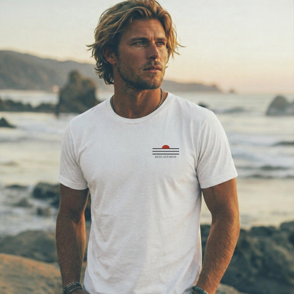 Redcastaway™ men's white 100% cotton classic tee with a small chest logo featuring a red sun and black lines.