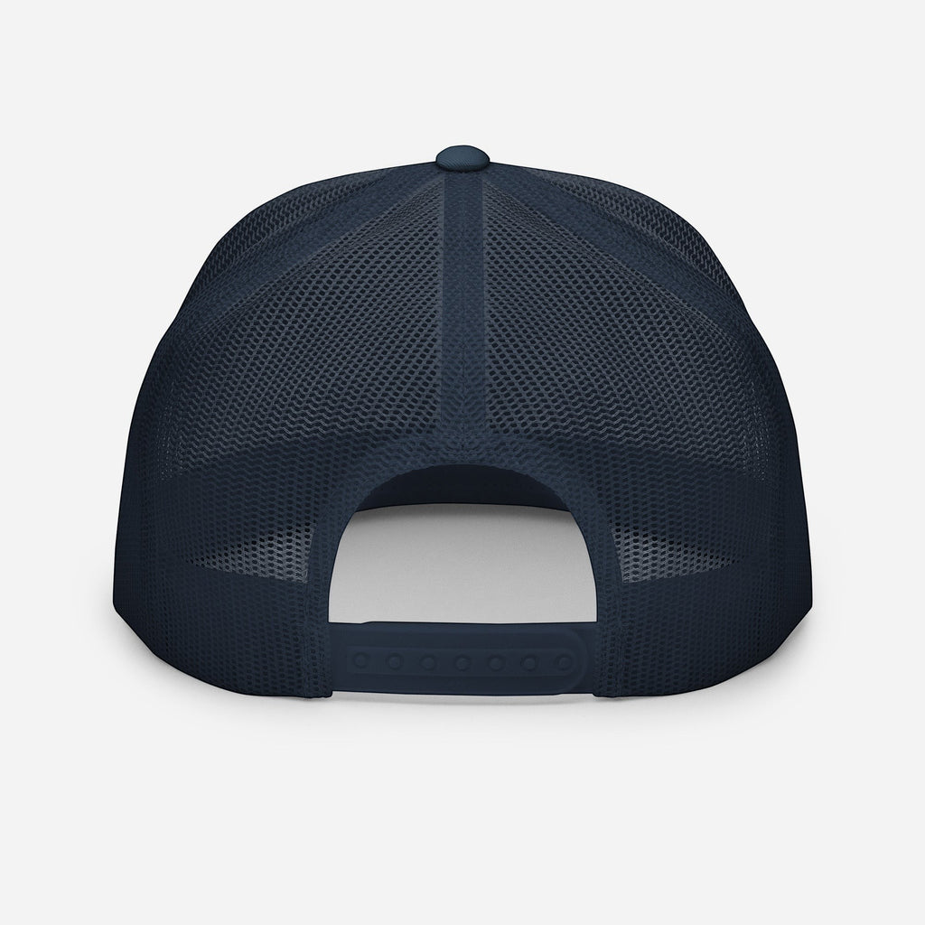 Redcastaway navy blue trucker cap with mesh back and snapback closure. Cotton, nylon, polyester blend.