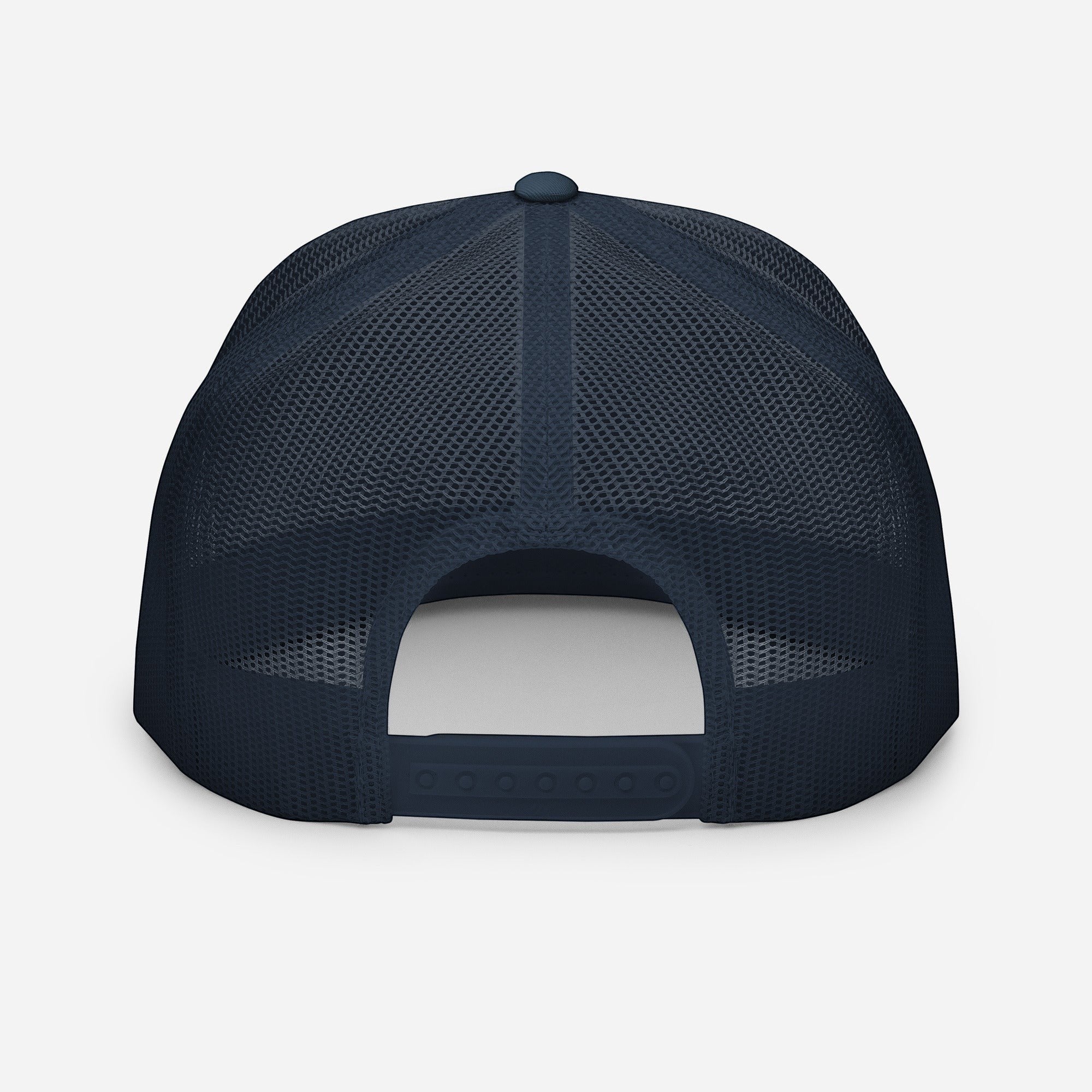 Redcastaway navy blue trucker cap with mesh back and snapback closure. Cotton, nylon, polyester blend.