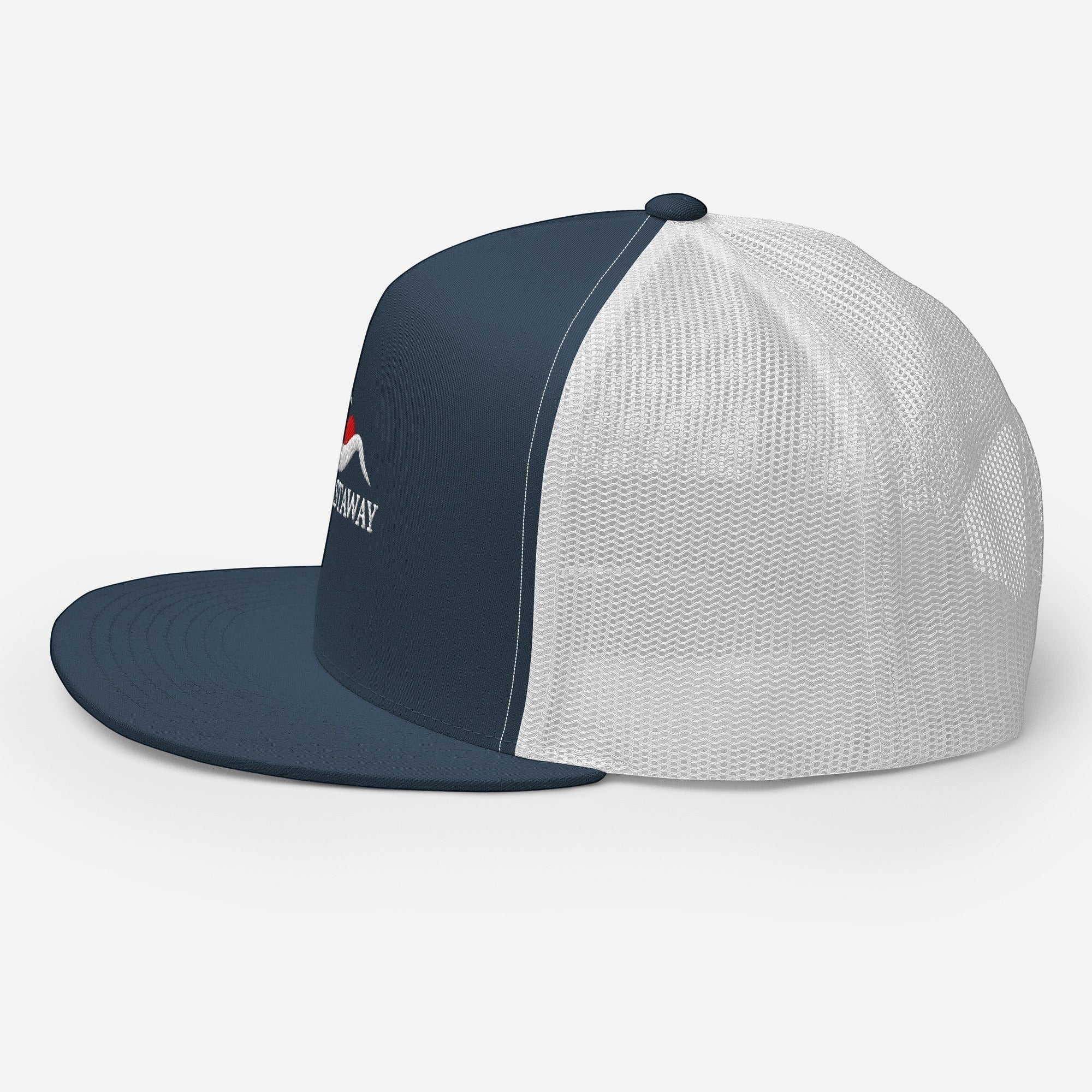 Redcastaway navy blue and white mesh trucker cap with flat bill and embroidered logo. Cotton, nylon, polyester blend.
