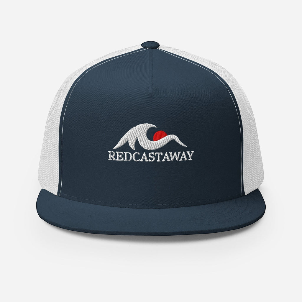 Redcastaway navy blue trucker cap with white mesh back and embroidered wave logo with red sun. Cotton, nylon, polyester blend.