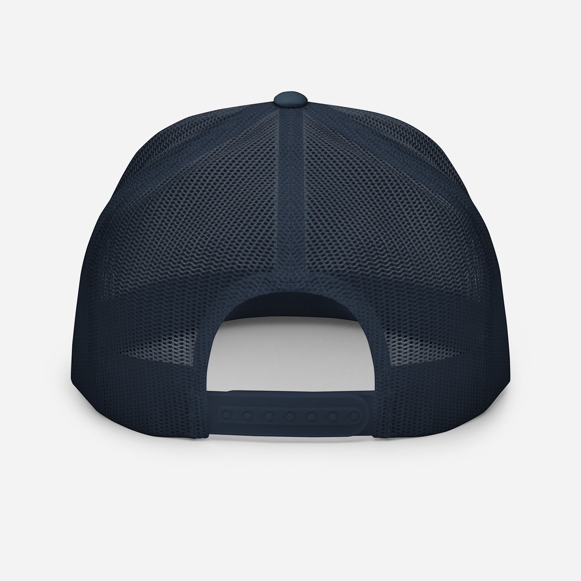 Redcastaway	rade navy blue trucker cap with mesh back and snapback closure. Cotton, nylon, polyester blend.