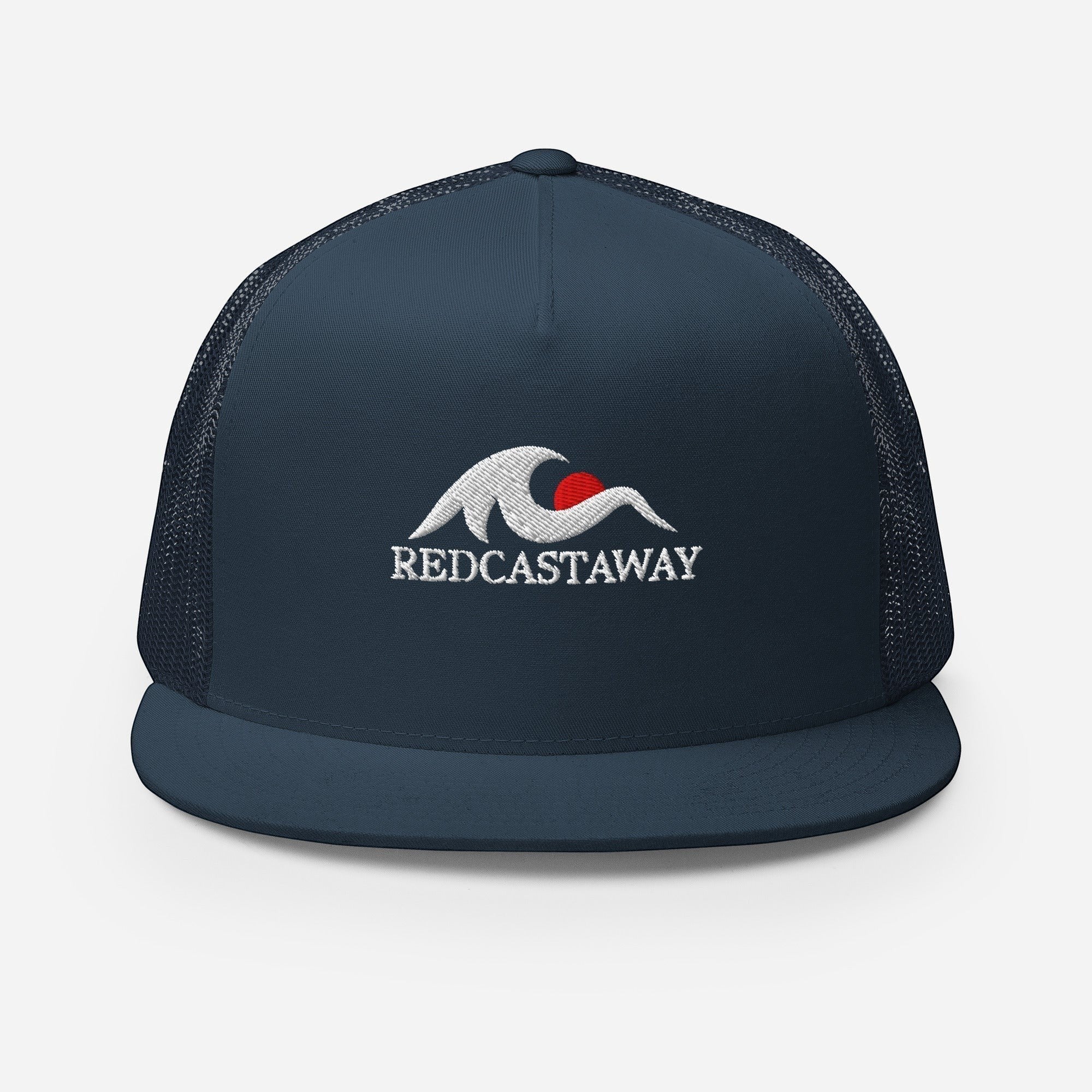 Redcastaway navy blue trucker cap with embroidered wave and sun logo. Cotton, nylon, polyester blend with snapback closure.