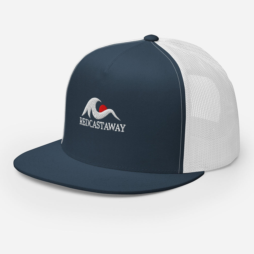 Redcastaway navy blue trucker cap with white mesh back and embroidered logo. Flat bill, snapback closure.
