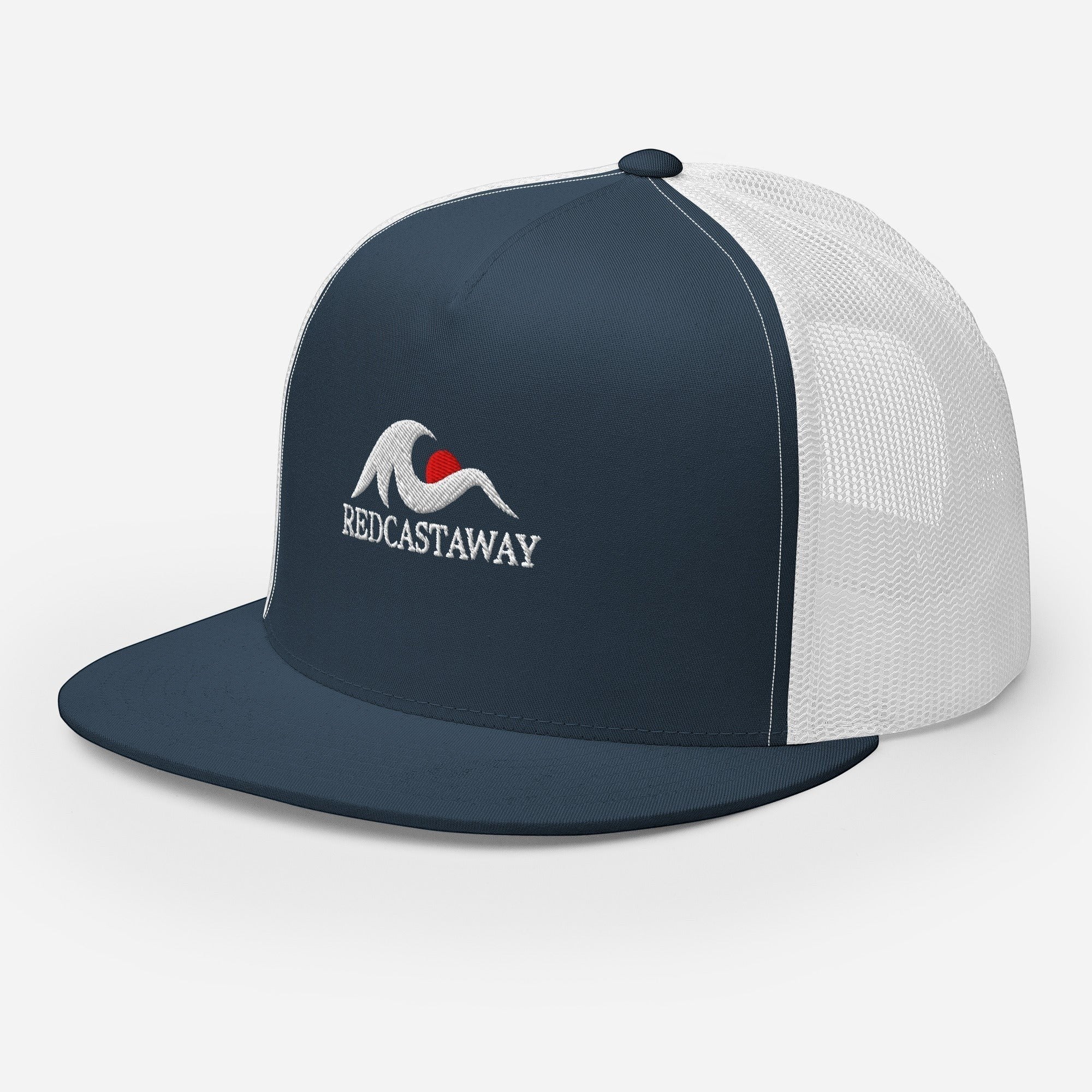 Redcastaway navy blue trucker cap with white mesh back and embroidered logo. Flat bill, snapback closure.