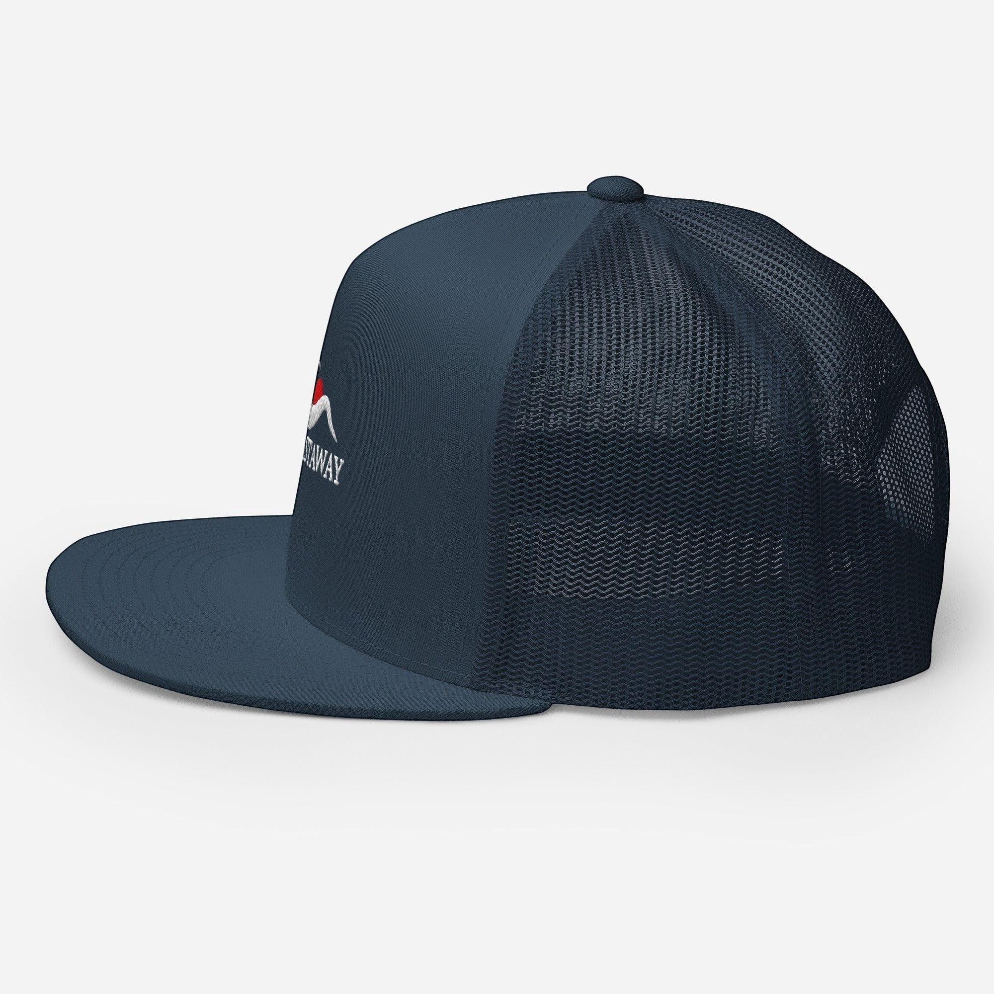Redcastaway navy blue trucker cap with flat bill and mesh back. Features embroidered logo on front.