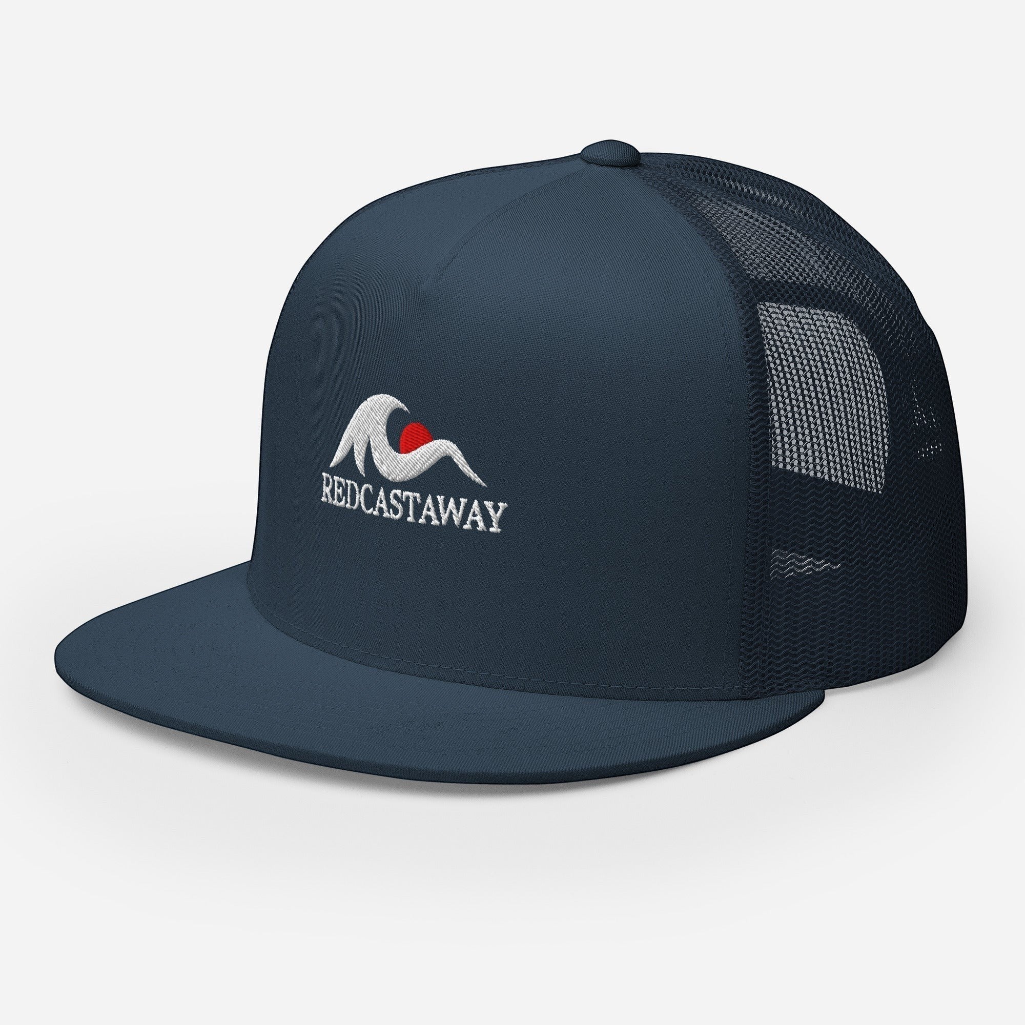 Redcastaway navy blue trucker cap with flat bill and embroidered logo. Cotton, nylon, polyester blend with snapback closure.