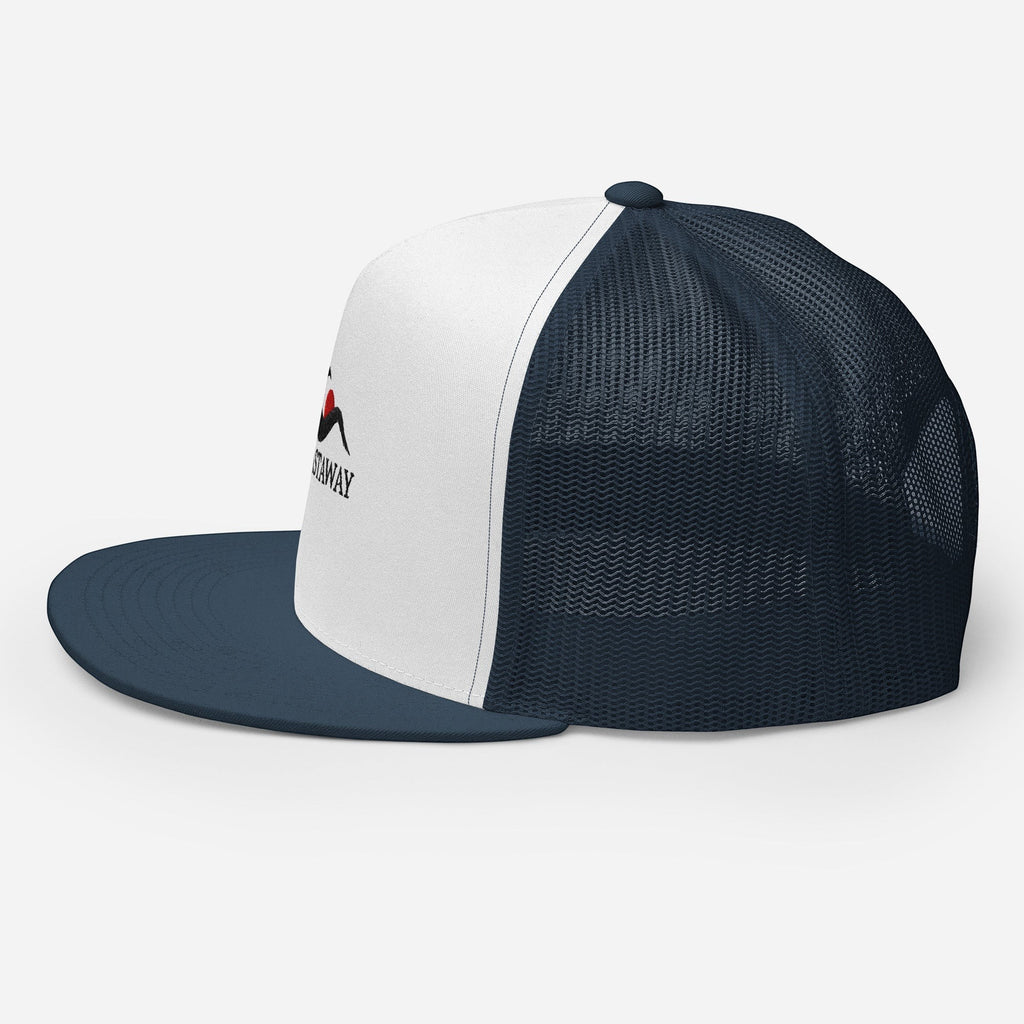 Redcastaway™ navy and white trucker cap with flat bill and mesh back. Cotton, nylon, polyester blend.