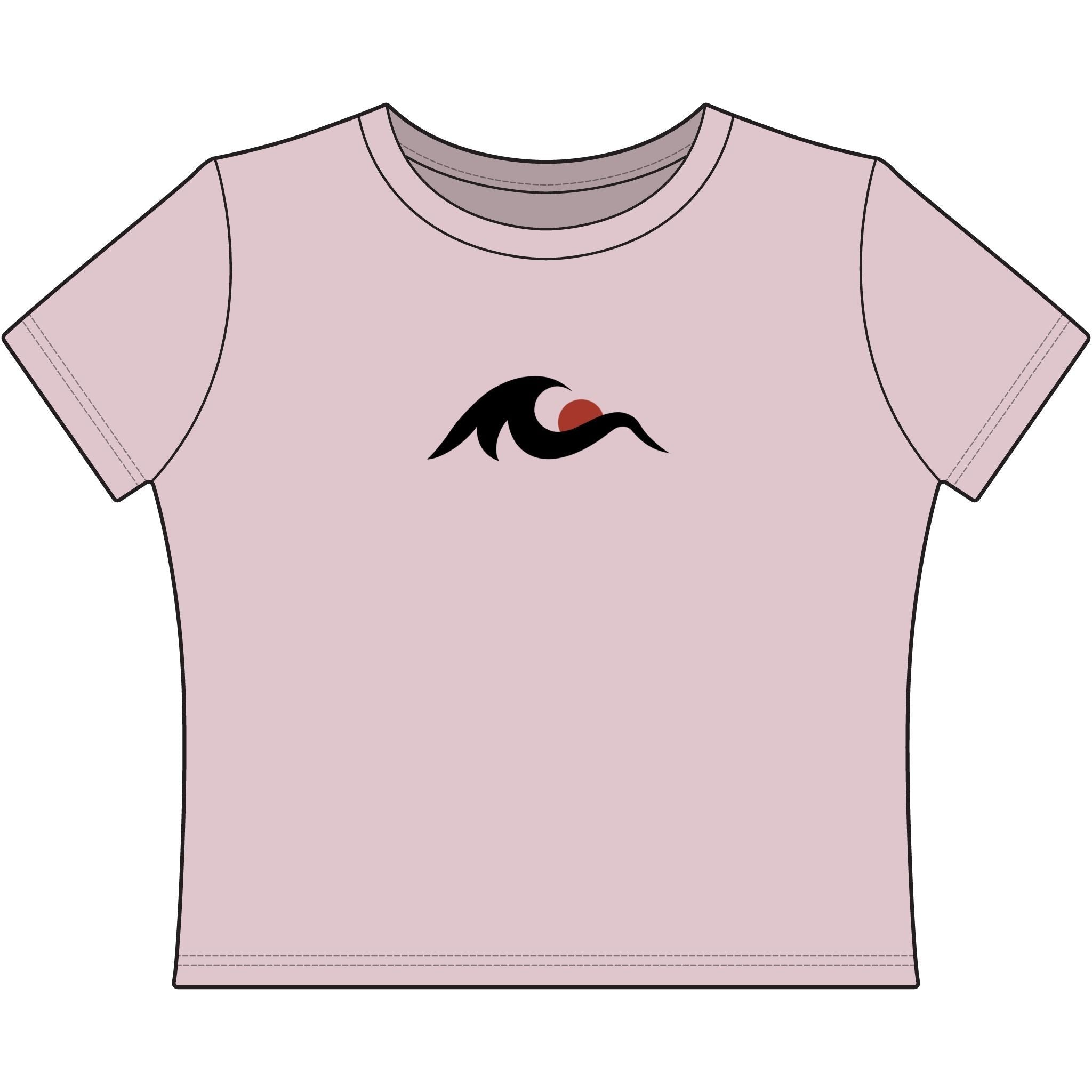 Redcastaway Women's light pink cropped baby tee with crew neck and wave/sun graphic. 60% cotton, 40% polyester.