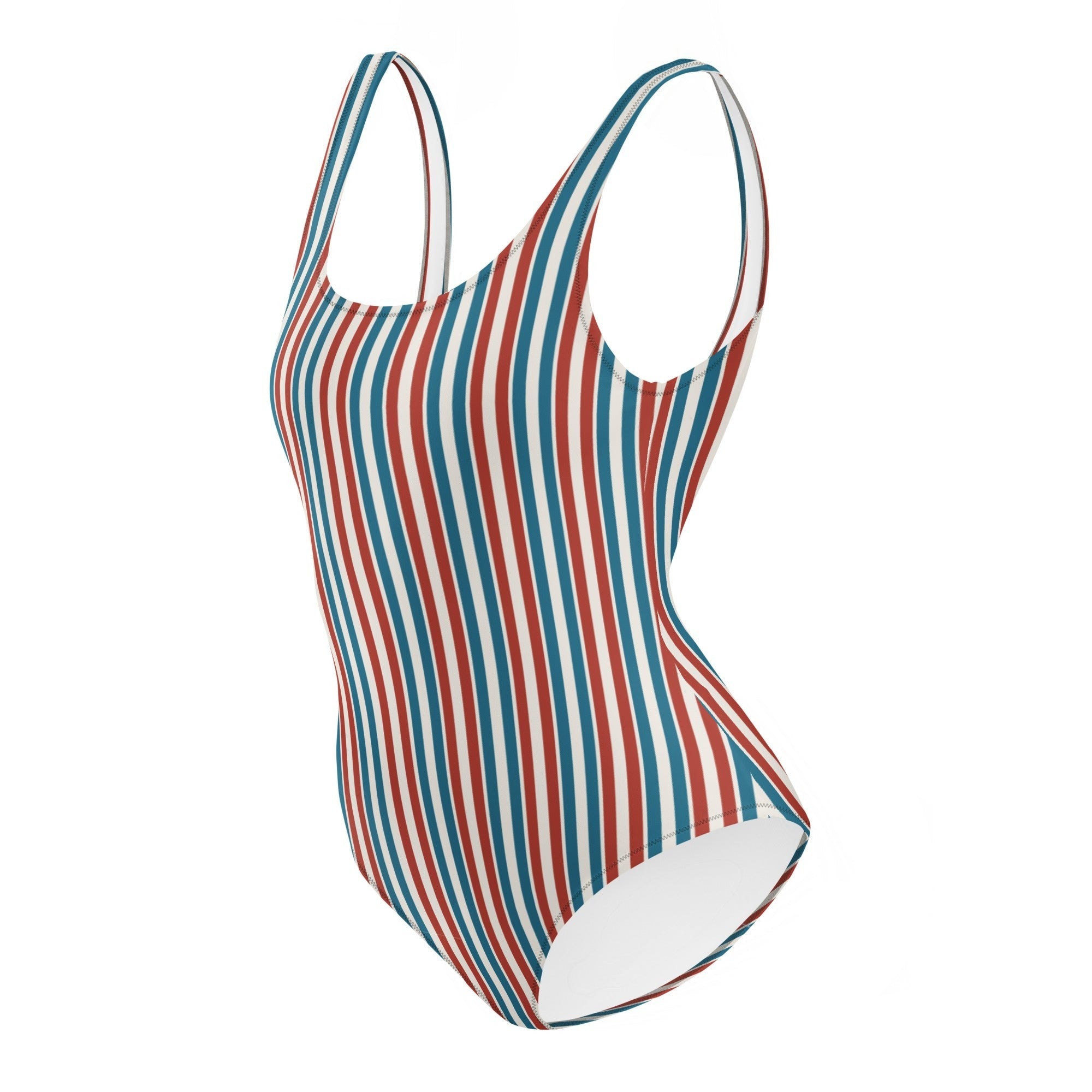 Redcastaway™ one-piece swimsuit with red, white, and blue vertical stripes. Features a scoop neckline and low scoop back.