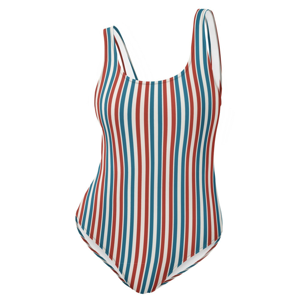 Redcastaway™ striped one-piece swimsuit with scoop neckline and low scoop back. Red, white, and blue vertical stripes.