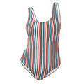 Redcastaway™ striped one-piece swimsuit with scoop neckline and low scoop back. Red, white, and blue vertical stripes.