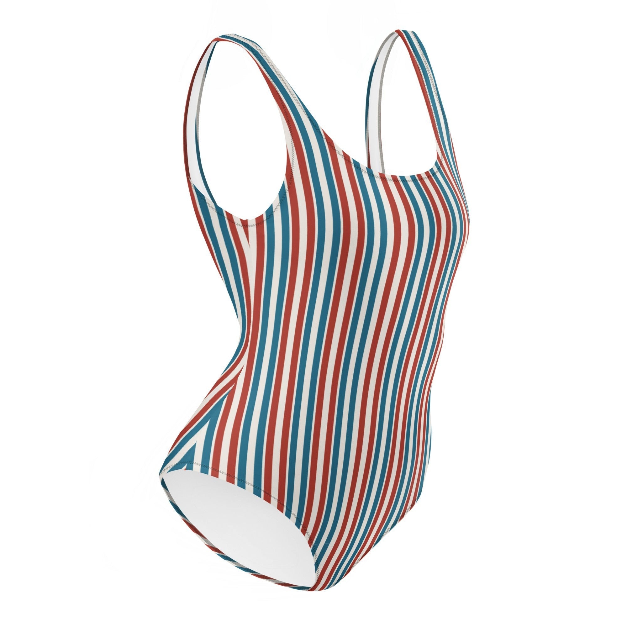 Redcastaway™ one-piece swimsuit with red, white, and blue vertical stripes. Features a scoop neckline, low scoop back, and cheeky fit.