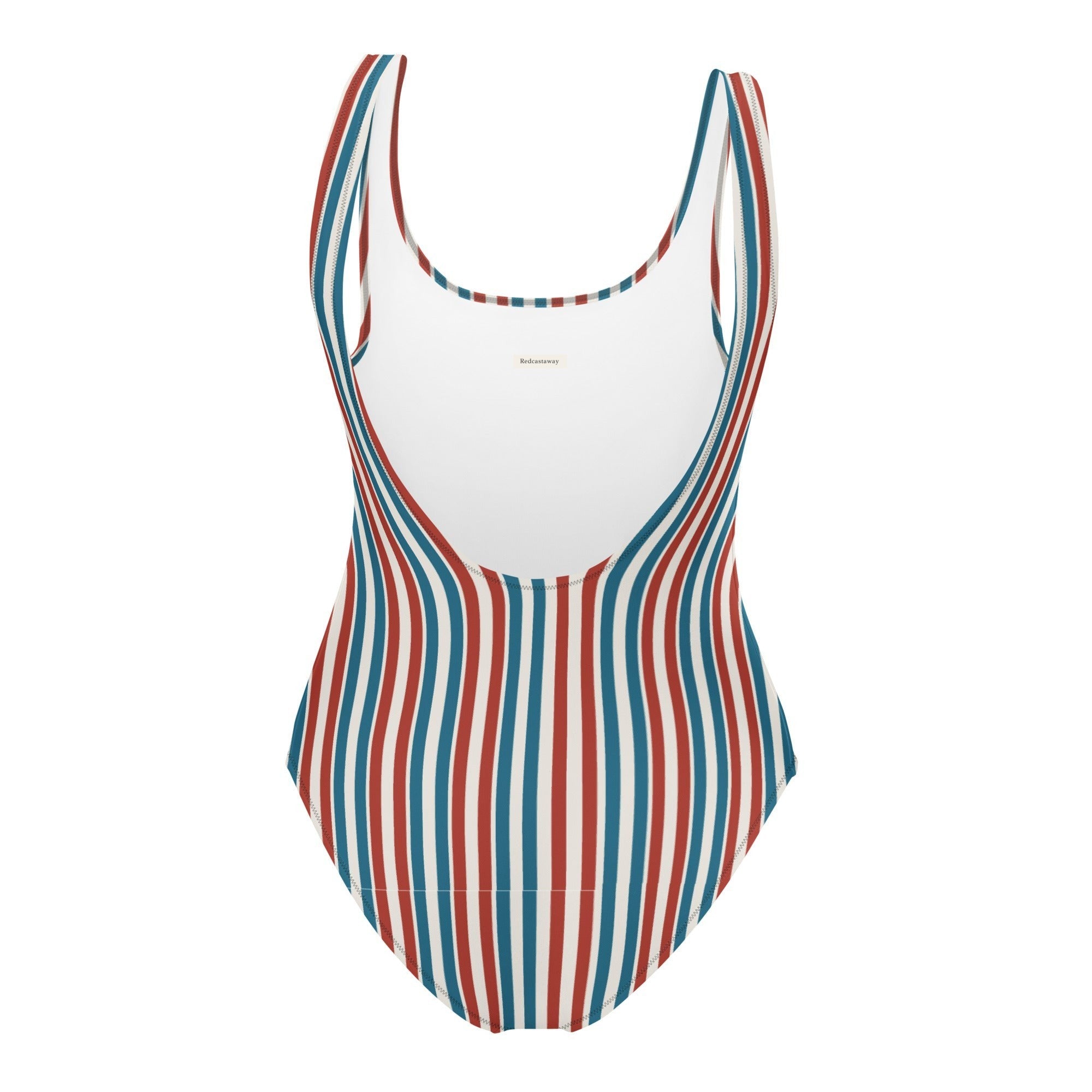Redcastaway™ one-piece swimsuit with red, white, and blue vertical stripes. Features a scoop neckline and low scoop back.
