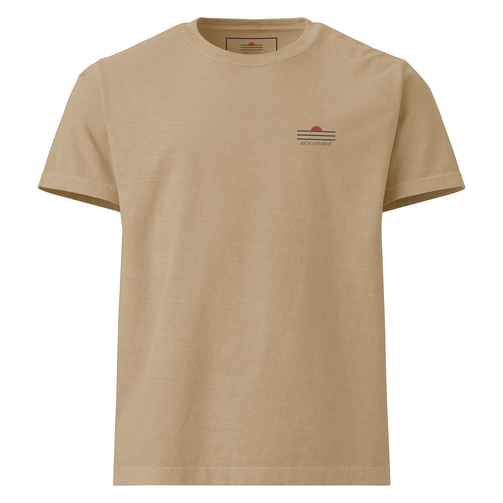 Redcastaway™ unisex oversized t-shirt in tan cotton with a small front graphic and a large wave and sun graphic on the back.