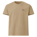 Redcastaway™ unisex oversized t-shirt in tan cotton with a small front graphic and a large wave and sun graphic on the back.