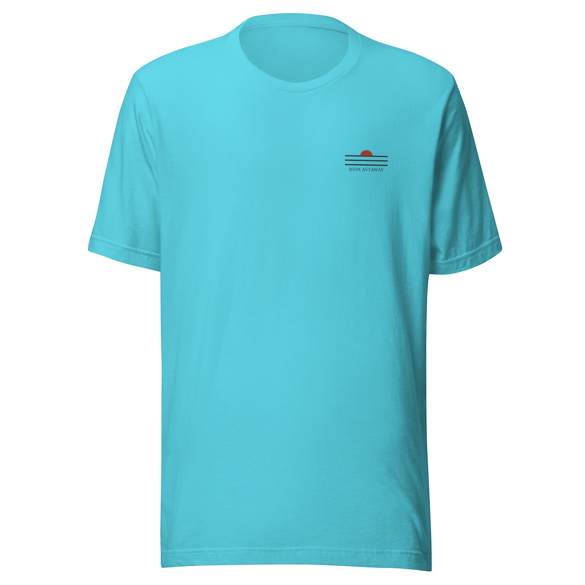 Redcastaway Horizon Wave unisex t-shirt in bright turquoise, made from 100% combed and ring-spun cotton with a small embroidered wave logo.