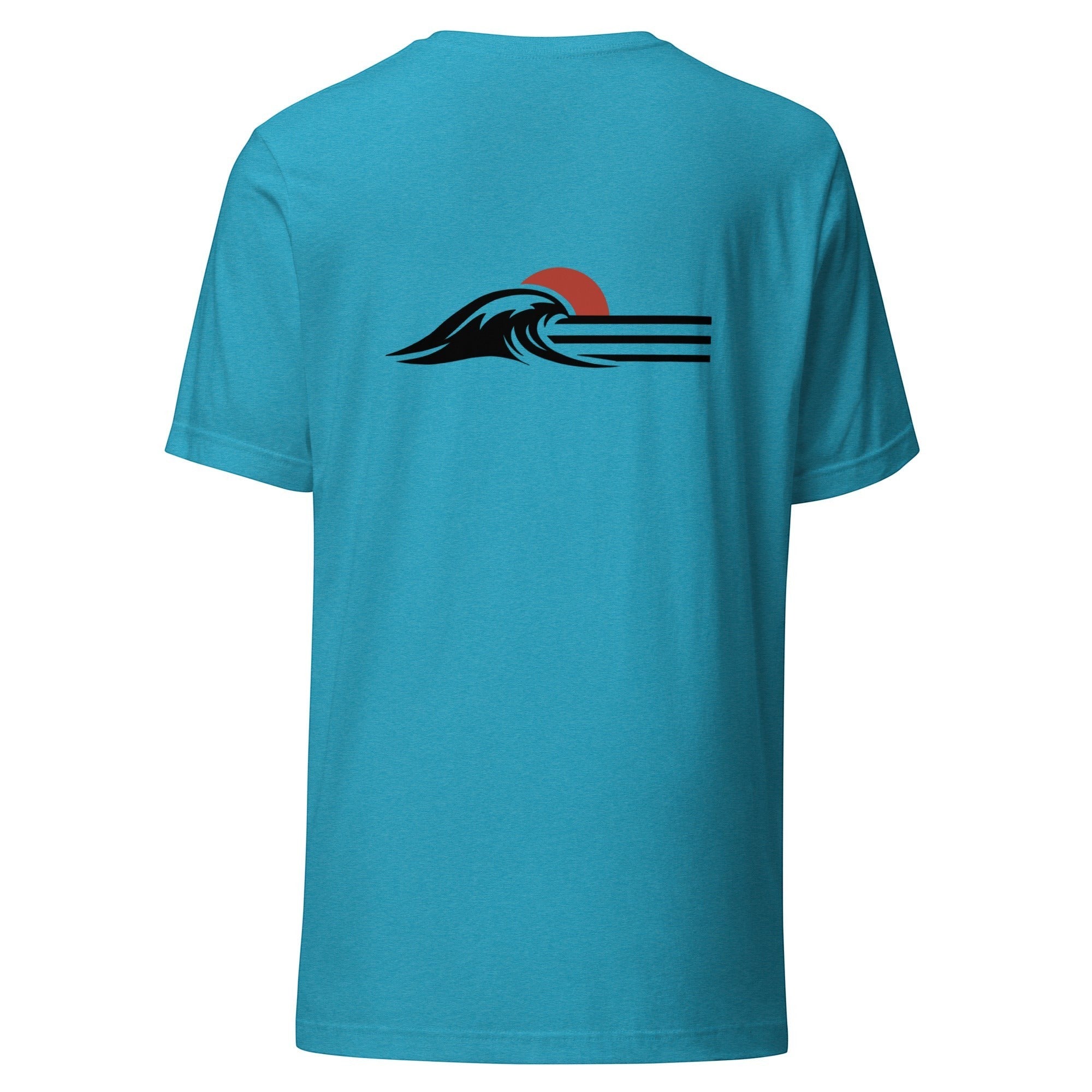 Redcastaway Horizon Wave unisex t-shirt in turquoise blue, made from 100% combed and ring-spun cotton with a wave and sun graphic.