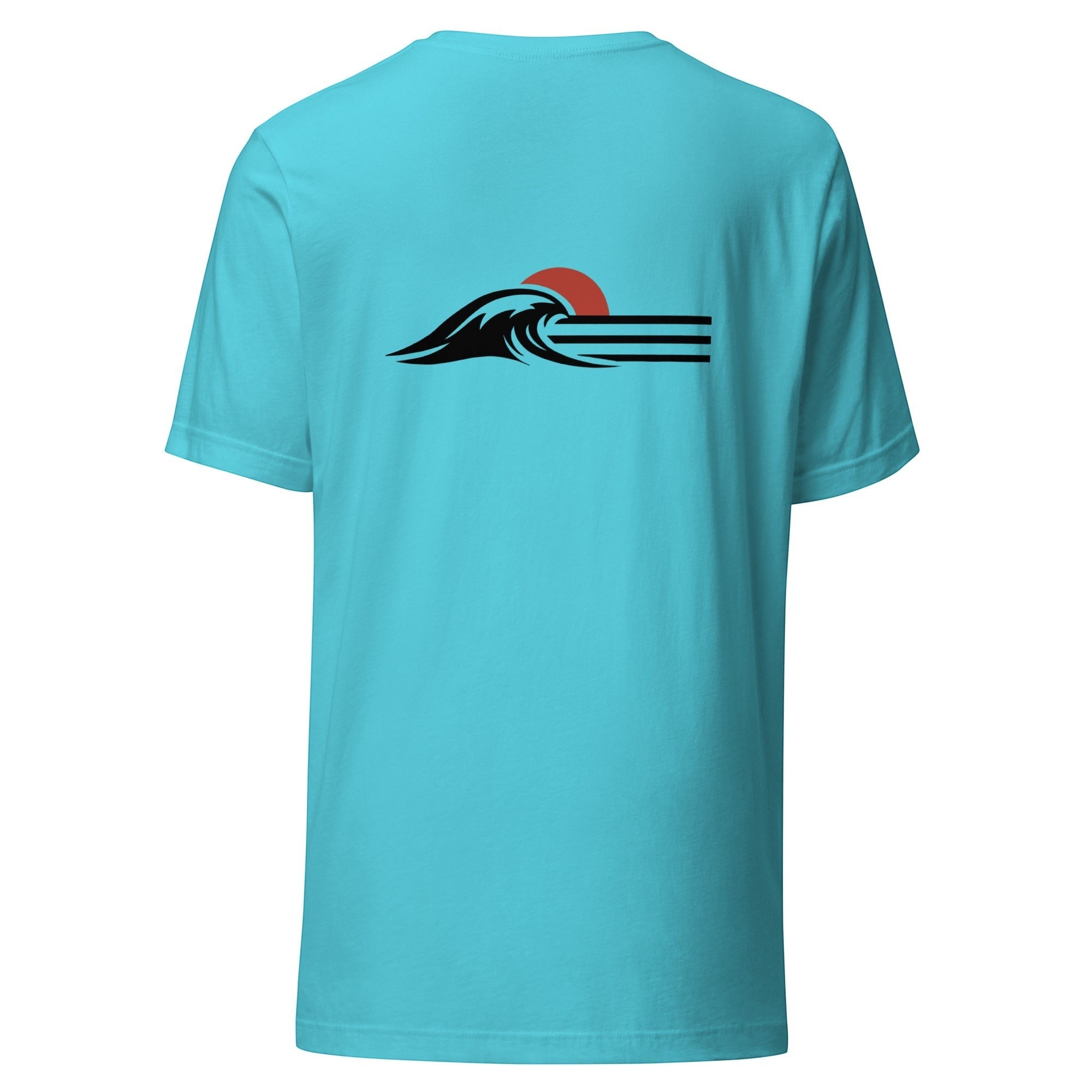 Redcastaway Horizon Wave unisex t-shirt in turquoise blue, made from 100% combed and ring-spun cotton with a wave and sun graphic.