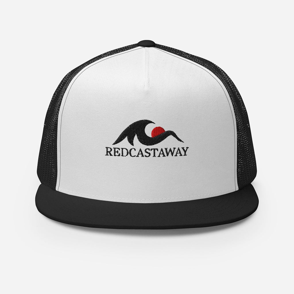 Redcastaway trucker cap with white front panel, black mesh back, and flat bill. Features embroidered logo.