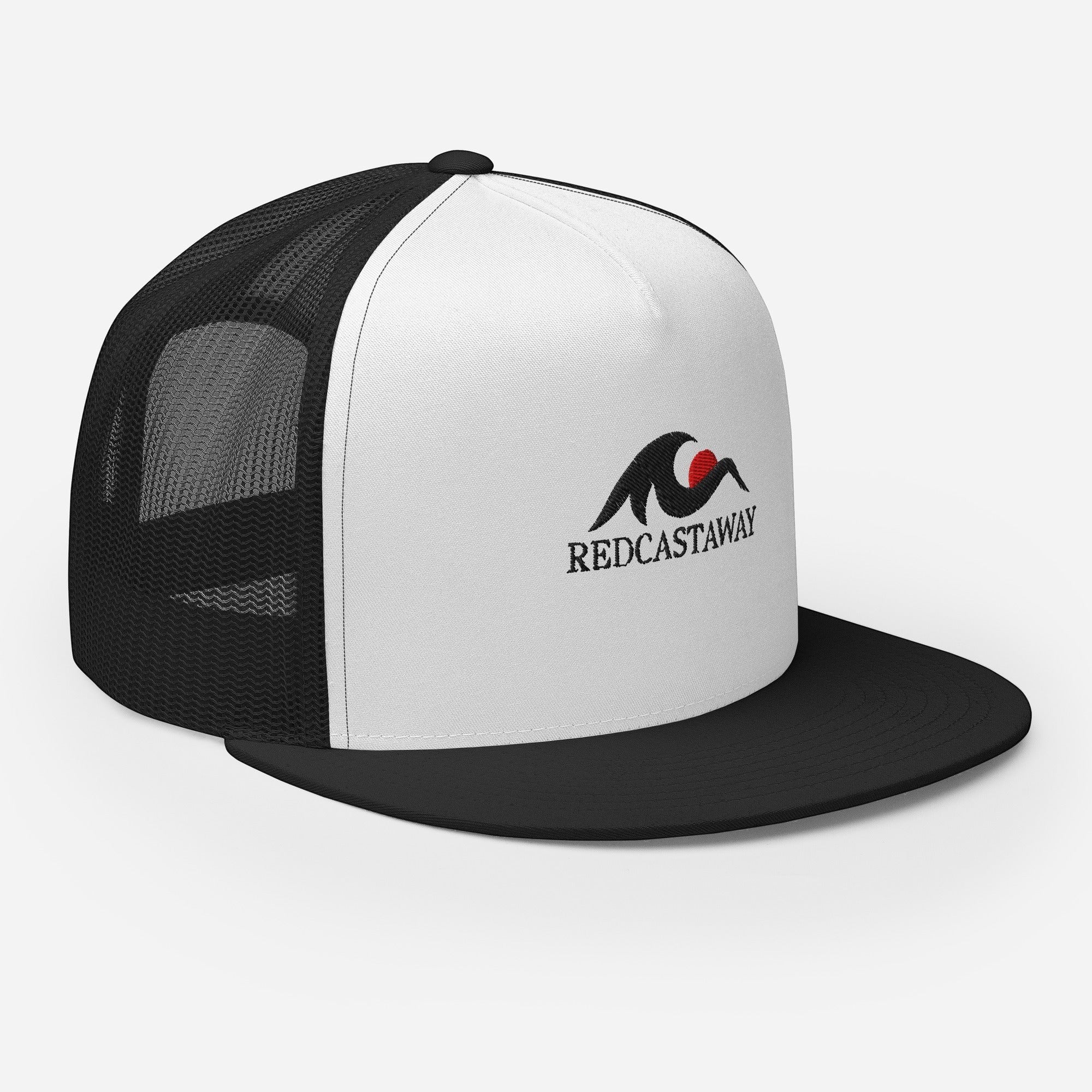 Redcastaway trucker cap with white front panel, black mesh back, and flat black bill. Features embroidered logo.